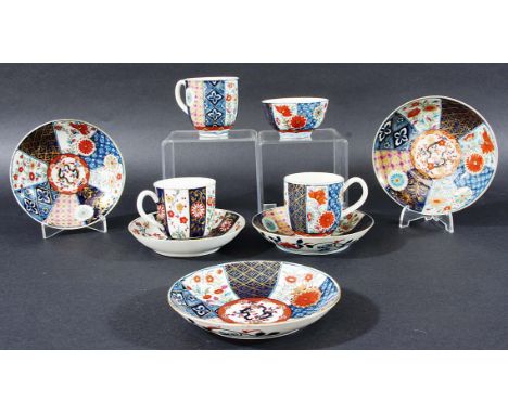 WORCESTER IMARI PART SERVICE,  circa 1760-70, with eight varying panels of decoration, comprising four saucers, two coffee cu