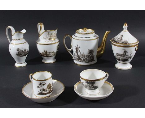 PARIS PORCELAIN MATCHED PART SERVICE, mid 19th century, painted en grisaille with scenes including horses and romantic landsc