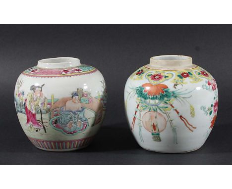 TWO CHINESE FAMILLE ROSE GINGER JARS, the first with a scene of a scholar by a table being entertained by two boys beneath a 