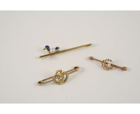 A PEARL SET DOUBLE HEART BROOCH set in gold, 4cm. long, together with a small pearl set crescent brooch, 3.5cm. long, and a 1