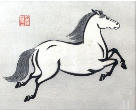 CHINESE SCHOOL,  rearing and leaping horse, two Chinese wood block prints, red seal marks, 19 x 24cm (2)