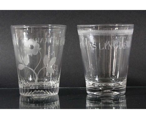 TWO GEORGE III GLASS TUMBLERS,  the first engraved 'The Town and Trade of Derby', the second 'The Town and Trade of Haslingde