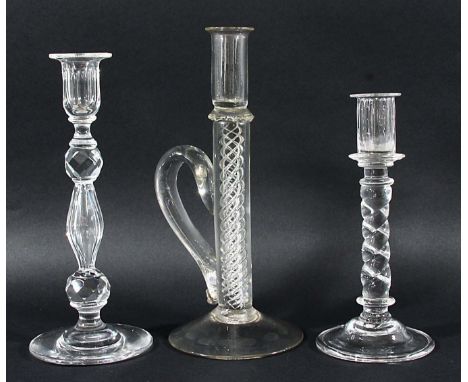 GLASS CANDLESTICK, probably late 18th century, with barley twist column, domed foot and folded over rim, height 22cm; togethe