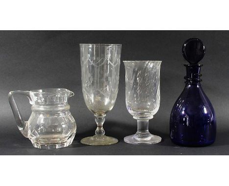 BRISTOL BLUE DECANTER AND STOPPER, circa 1800, of mallet form with spiral string neck, height 27cm; together with a cut glass