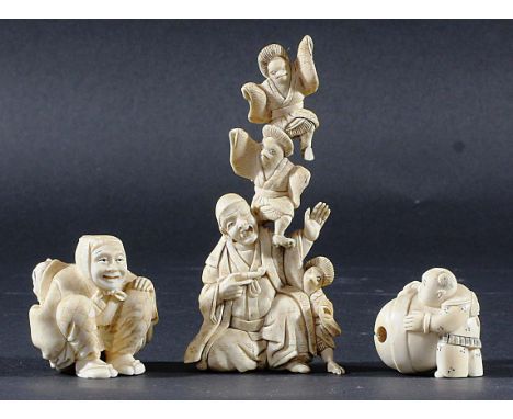 JAPANESE IVORY NETSUKE, carved as a man squatting, a bag of masks on his back, signed, height 5cm; together with another of a