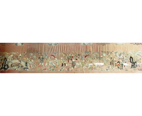 CHINESE SILK PANEL,  19th century, worked in silks and metal threads with children playing with dragons, fish, fire crackers 