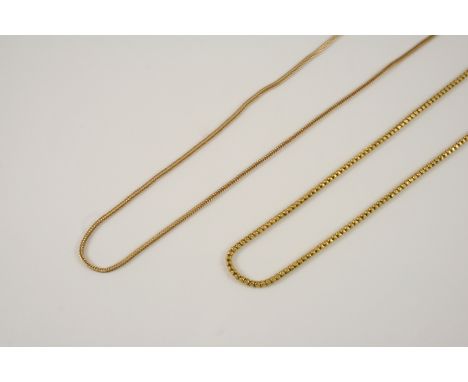 A GOLD FANCY LINK CHAIN NECKLACE 35cm. long, 7.3 grams, together with a gold herringbone link chain necklace, 66.5cm. long, 9