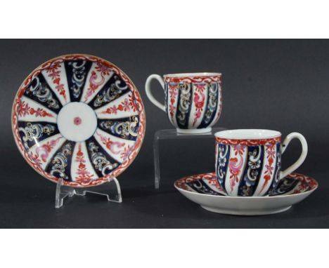PAIR COFFEE CUPS AND SAUCERS, in the Worcester Queen Charlotte pattern, blue fret marks, diameter of saucer 12cm (4)