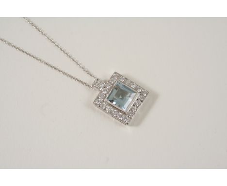AN AQUAMARINE AND DIAMOND CLUSTER PENDANT the square-shaped aquamarine is set within a surround of circular-cut diamonds, on 