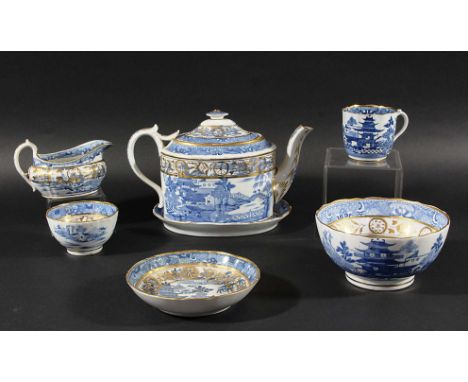 ENGLISH PORCELAIN BLUE AND WHITE PART SERVICE, circa 1800, probably Miles Mason, transfer printed with gilt highlights with a