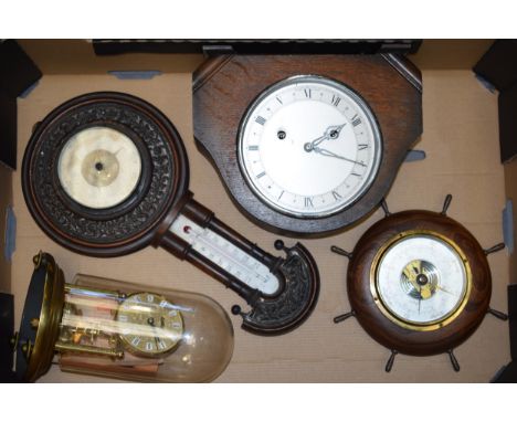 A collection of clocks and barometers to include a 'Kein' Anniversary clock, chiming mantle clock and two barometers, one wit