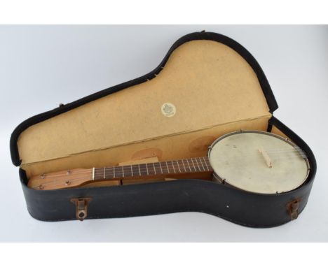 A vintage Banjolele / Ukulele, marked 'THE MARVEL' G.H &amp; S. Trademark 'British Made'. Wooden neck and metal body. Length 