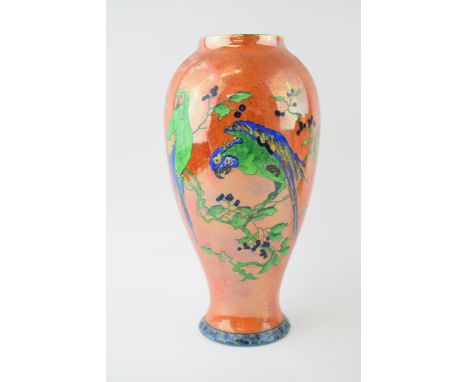 Large W &amp; R Carlton Ware lustre vase with lime green parrot on orange background, 26cm tall. In good condition with no ob