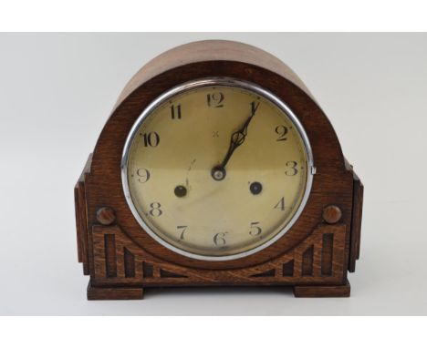 Art Deco wooden cased mantle clock, chiming, untested, with key and pendulum, 25cm wide.