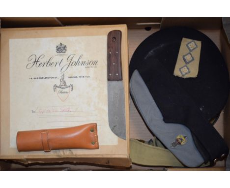 A collection of military items to include a boxed R.A.E.C hat together with another R.A.E.C hat, a military sheath knife mark