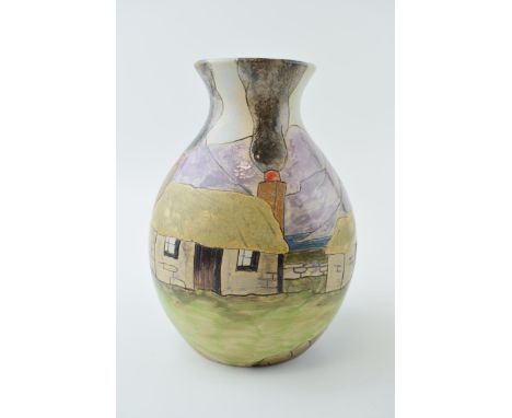 Burslem trial vase, cottage scenes. Stoneware handmade in Staffordshire. Height 19cm. Of first quality with no obvious signs 