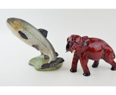 A Beswick Salmon 2066 (one fin af), with a Royal Doulton flambe elephant (trunk af) (2).