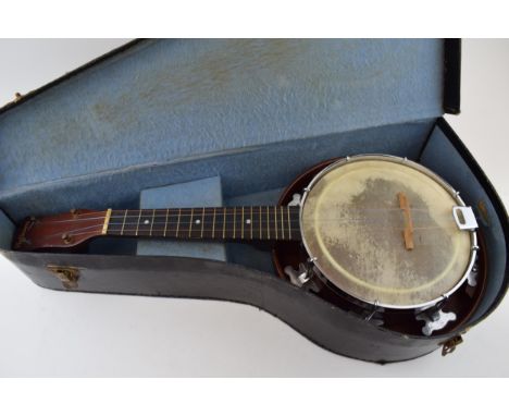 A vintage Banjolele / Ukulele, marked 'Holborn' In carry case. Wooden neck and wooden body with sunburst back. Length 56cm.