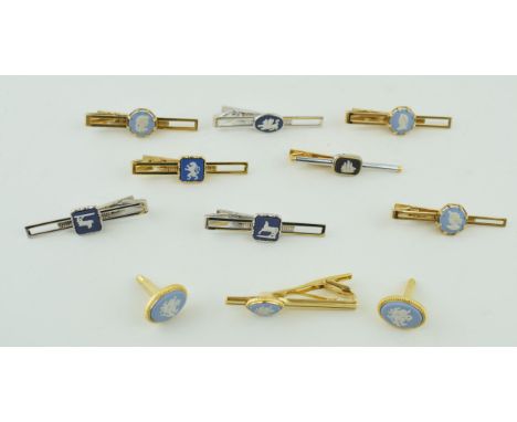 A collection of 8 Wedgwood Jasperware tie pins, varying colours, with a matched tie pin and cufflink set (11).