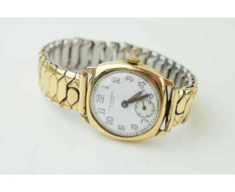 A 9ct yellow gold gentleman's wristwatch marked .375 by J.W. Benson London. Case diameter 26mm. Watch winds, runs and ticks d