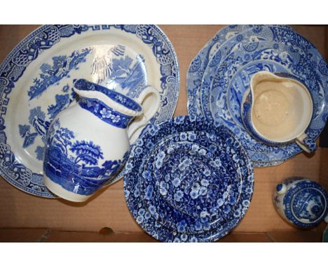 A collection of blue and white wares to include dinner ware by 'Crownford China Co' 'Calico' seven 6 1/2" bowls and a 8 1/2" 