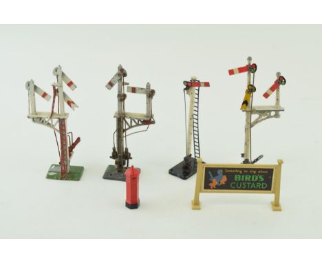 Try-ang, Crescent, Mecccano and smilar Dublo model railway accessories to include signals, advertising station sign and post 