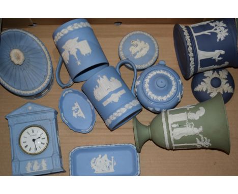 A collection of Wedgwood Jasperware ceramic items to include 'Blind Man's Bluff' Oval lidded pot, (light damage to relief) 'A