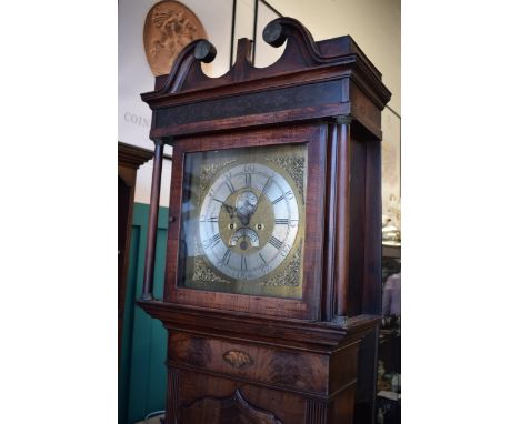 Francis Bayley of Uttoxeter: an 18th century brass dial longcase clock, in mahogany case, inlaid conch shell, swan pediments,