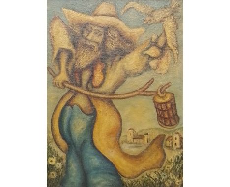 Jack Taylor (b.1930), a framed oil on canvas, a blind man with lantern and bird. H.63 W.48cm