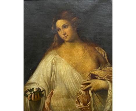 After Titian, a 19th century Renaissance style oil on canvas titled 'Flora', in an ornately carved gilt Florentine style fram