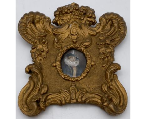 A miniature portrait of Elisabeth Brant with indistinct hand written notes to the reverse, in a gilt gesso frame. H.20 W.18cm