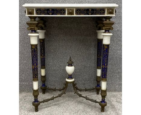 A 19th century French ormolu and Champlevé enamelled side or console table with a marble top. H.80 W.63 D.43cm
