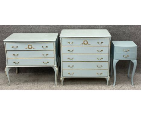 Three pieces of French style contemporary painted furniture on cabriole supports, viz: a commode, a chest and a bedside cabin