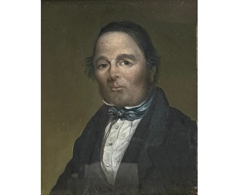 A 19th century oil on board, a miniature portrait of a gentleman, in a birds-eye maple frame with a gilt slip. H.29 W.26cm