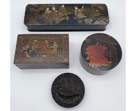 A collection of Japanese, Chinese and Indo-Persian lacquered boxes, the Japanese box having a maker's mark, together with a p