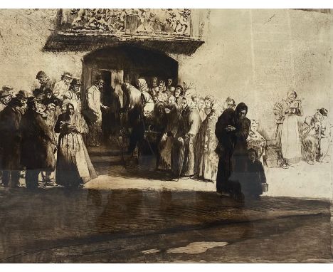 Ferdinand Schmutzer (1870-1928), a large signed etching of people congregating at church. Framed and glazed. H.63 W.74cm