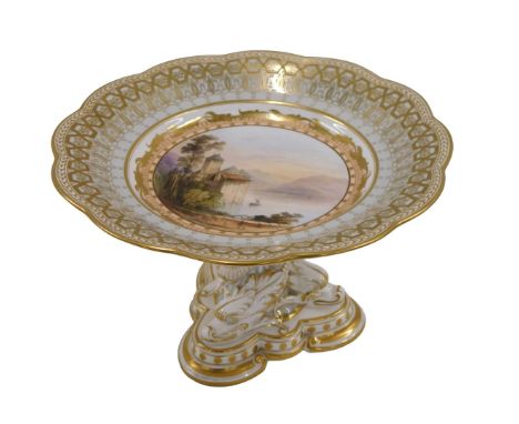 A 19thC Davenport porcelain tazza, decorated with scene of The Castle of Chillon, within pale blue and gilt borders, on a ree