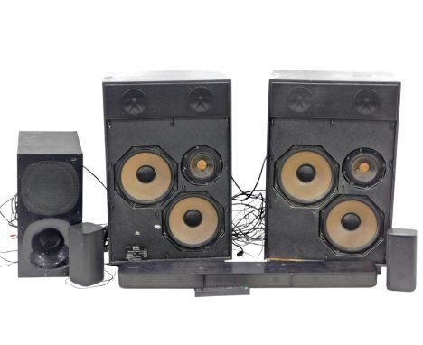 A Sony surround sound system, model number SS-S20R, with speakers, together with a pair of 3D Giuppen floor standing speakers
