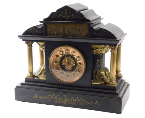 A late 19thC French black slate and brass and gilt metal portico shaped mantel clock, the copper dial with Arabic numerals, t