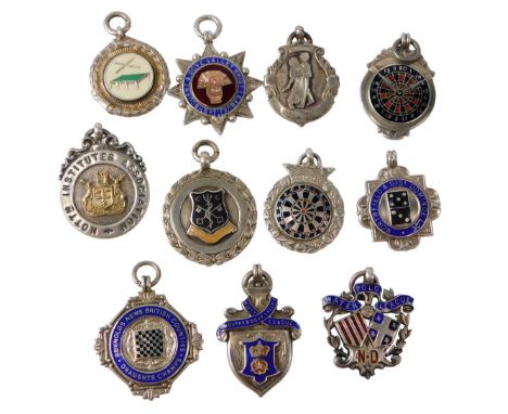 Silver and enamel badges, including darts, draughts, whist, polo, cycling, cribbage, dominoes, dancing and snooker, 3.26oz.