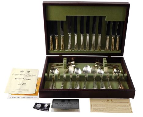 An Arthur Price silver plated part canteen of cutlery, together with price list, receipt from 1990 for £260, etc., in a mahog