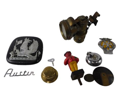 A group of automobilia and other items, to include a Bedford chromed and black leather plaque, a motor bike lamp, an AA road 