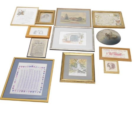  A collection of pictures and prints, to include after Graham Byfield, The Old Door Menorca, watercolour of a church, signed 