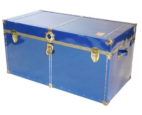 A blue painted metal and brass travelling trunk, plastic side handles, label for Union Trunks and Luggage, Made in Canada, 52