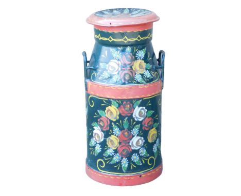 A Cadbury Brothers Limited milk churn, green painted with flowers, 75cm high.