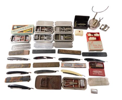 Assorted cut throat razors, Rolls razors, cased, Volex electric razor adapter kit, plated brandy warmer. 