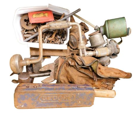 A large collection of tap and dies, together with wood drills, hand brace, hammers, and a Gedore cased part socket set.