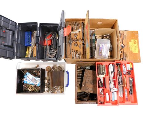 A quantity of tools, to include drill bits, callipers, saws, metal working items, together with bronze and iron rough casting