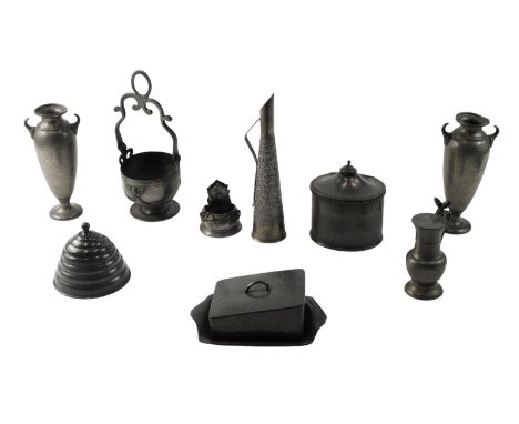Various items of pewter, to include a 19thC oval tea caddy, an Arts &amp; Crafts hammered butter dish, a vase of tapering for