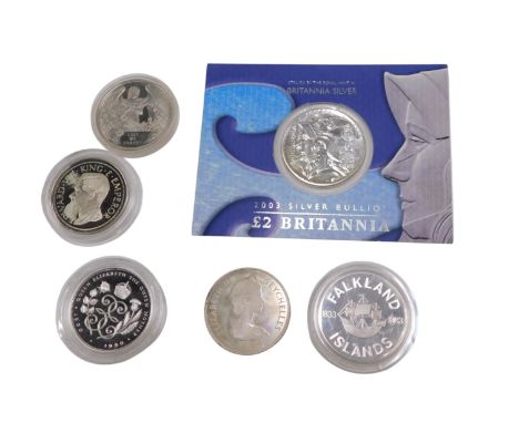 A collection of silver coins, a 2003 silver bullion two pound Britannia, an Edward VIII revival 1936 crown, Falkland Islands 